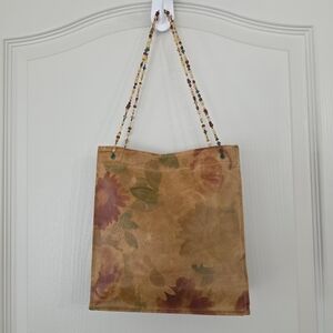 Beaded-Handle Floral Canvas Tote Bag in Tan